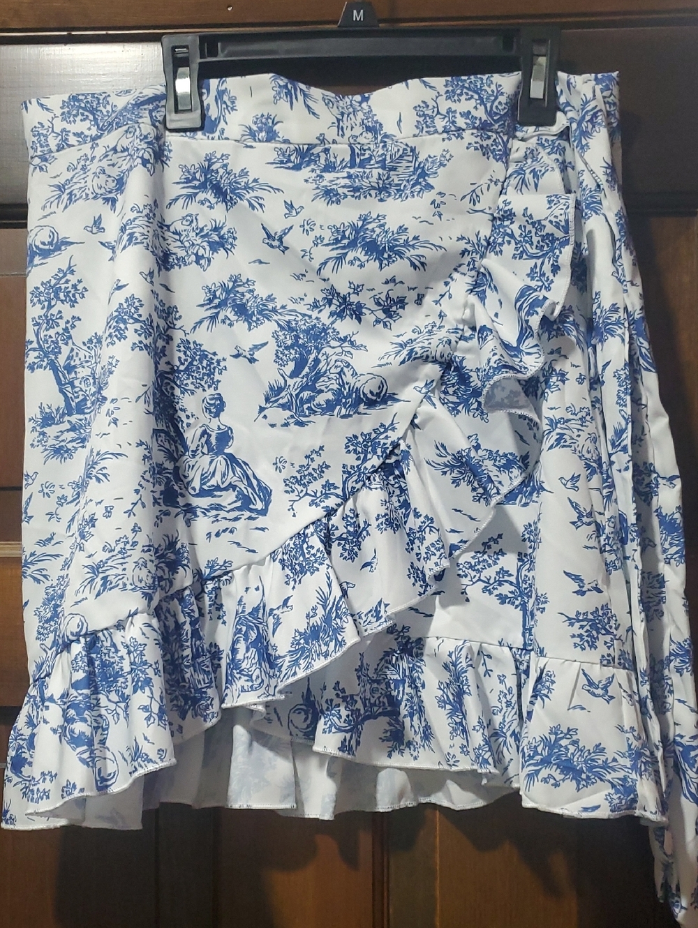 SHEIN Blue & White Toile Asymmetrical Ruffle Wrap Skirt